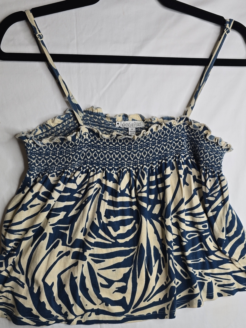 Patrons Of Peace Blue and Cream Smocked Camisole Adjustable Straps Cropped